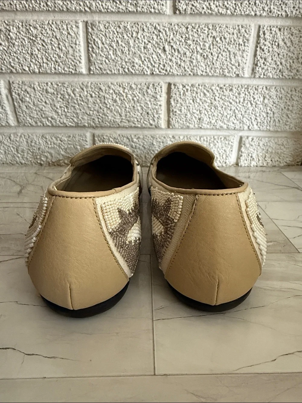 Donald J Pliner Beaded Dog Face Loafers in Beige and Tan